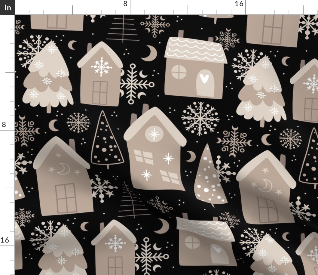 Large Scale Wintry Night Boho Christmas Eve Holiday Homes on Black