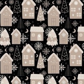 Small Scale Wintry Night Boho Christmas Eve Holiday Homes on Black