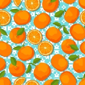 Sunshine Tangerines - bright orange citrus fruit - turquoise tile