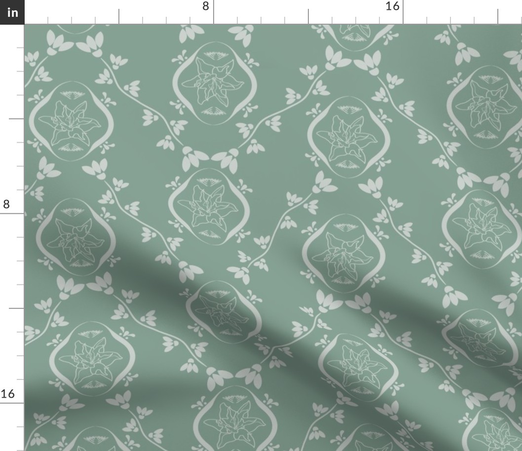 Lilies embedded Damask Style Granit Green