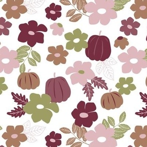 Fall Scandinavian floral pumpkin blossom branches and leaves halloween vintage autumn garden theme burgundy mauve olive green brown on white