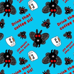 Coffee Drinking Mothman on Teal Background