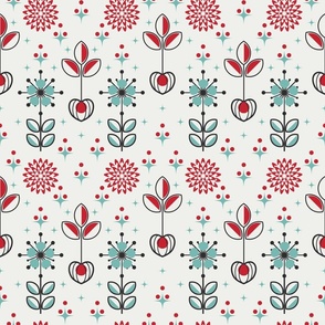 Scandi Folk Garden / Folk Art / Retro / Cherry Teal / Medium