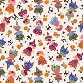 Small scale Eclectic Witch little girls with pumpkins, spiders, spiderwebs, black magic cats, cute style for kids apparel, Halloween, autumn fall dancing amongst friends - kids wallpaper bed linen seasonal pillows