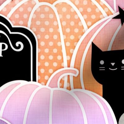 Halloween in the Pumpkin Patch- Extra Large- Pastel Orange and Violet- Sugar Skull- Black Cat- Pumpkins- Ghosts- Bats