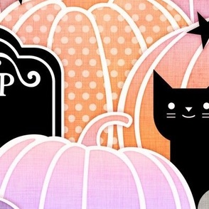 Halloween in the Pumpkin Patch- Extra Large- Pastel Orange and Violet- Sugar Skull- Black Cat- Pumpkins- Ghosts- Bats