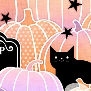 Halloween in the Pumpkin Patch- Large- Pastel Orange and Violet- Sugar Skull- Black Cat- Pumpkins- Ghosts- Bats