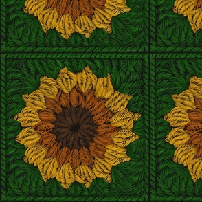 Crochet sunflower meadow on green granny squares. Big scale sunflowers.