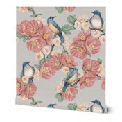 Pink and cream flowers with blue birds on a gray background