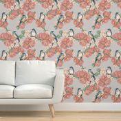 Pink and cream flowers with blue birds on a gray background