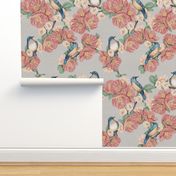 Pink and cream flowers with blue birds on a gray background