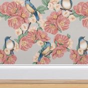 Pink and cream flowers with blue birds on a gray background