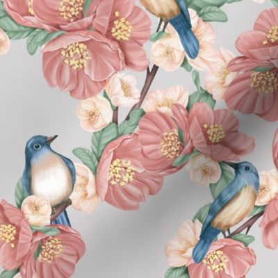Pink and cream flowers with blue birds on a gray background