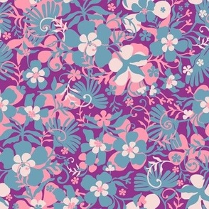 Meadow, Pink and turquoise flowers on a purple background