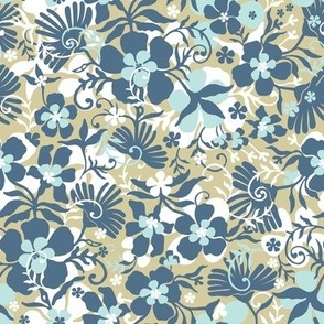 Meadow, Dark turquoise and turquoise flowers on a light pistachio background