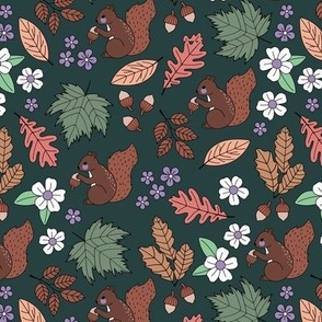 Woodland animals autumn garden squirrels and leaves acorns and flowers fall kids design green blush lilac on green