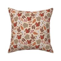 Woodland animals autumn garden red squirrels and leaves acorns and flowers fall kids design vintage seventies orange red brown pink