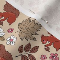 Woodland animals autumn garden red squirrels and leaves acorns and flowers fall kids design vintage seventies orange red brown pink