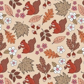 Woodland animals autumn garden red squirrels and leaves acorns and flowers fall kids design vintage seventies orange red brown pink