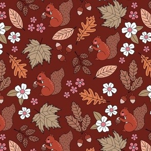 Woodland animals autumn garden red squirrels and leaves acorns and flowers fall kids design vintage seventies orange red brown pink maroon