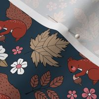 Woodland animals autumn garden red squirrels and leaves acorns and flowers fall kids design vintage seventies orange red brown pink navy blue