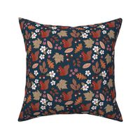 Woodland animals autumn garden red squirrels and leaves acorns and flowers fall kids design vintage seventies orange red brown pink navy blue