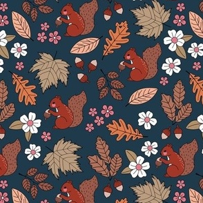 Woodland animals autumn garden red squirrels and leaves acorns and flowers fall kids design vintage seventies orange red brown pink navy blue