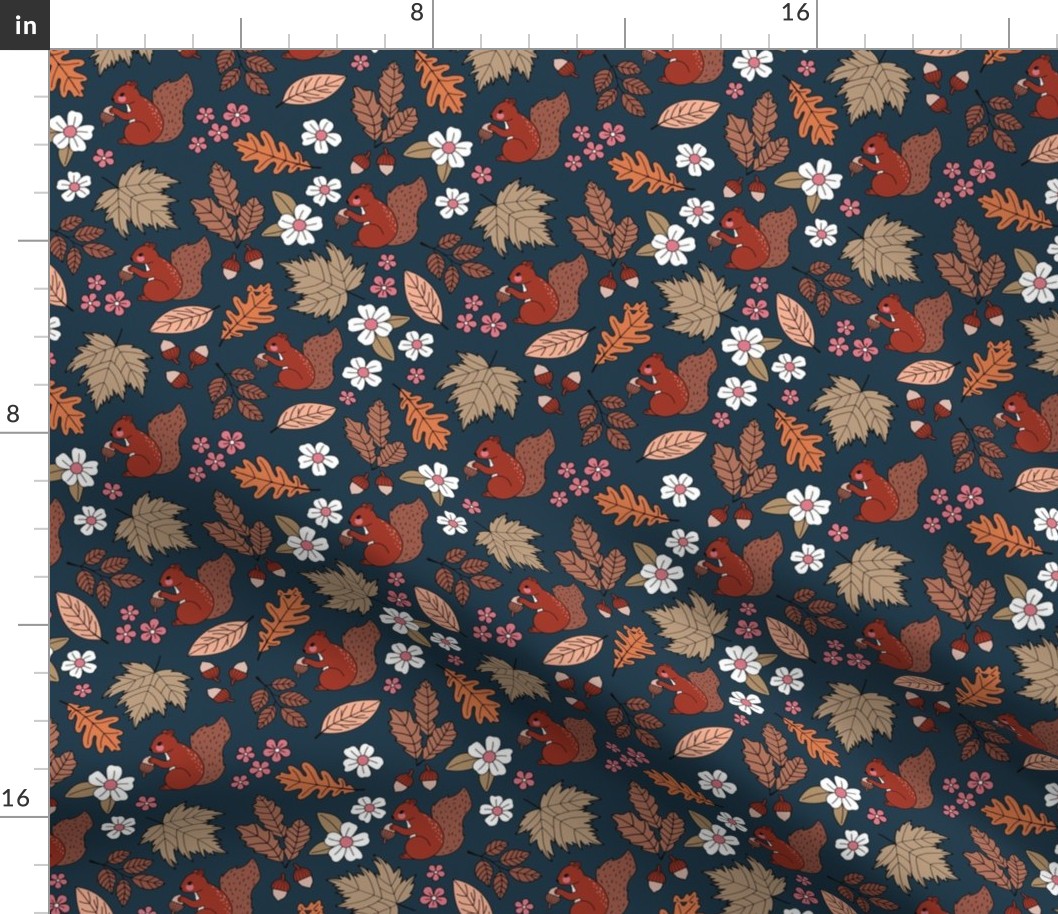 Woodland animals autumn garden red squirrels and leaves acorns and flowers fall kids design vintage seventies orange red brown pink navy blue