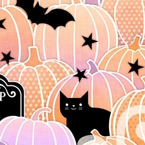 Halloween in the Pumpkin Patch- Medium- Pastel Orange and Violet- Sugar Skull- Black Cat- Pumpkins- Ghosts- Bats
