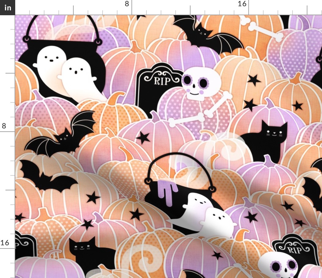 Halloween in the Pumpkin Patch- Medium- Pastel Orange and Violet- Sugar Skull- Black Cat- Pumpkins- Ghosts- Bats