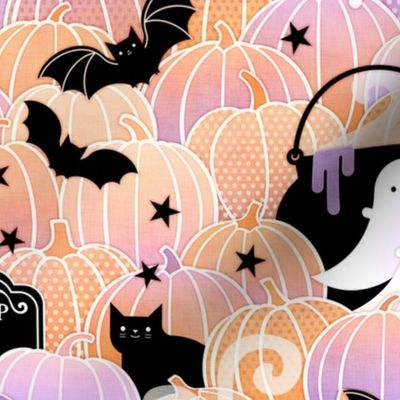 Halloween in the Pumpkin Patch- Small- Pastel Orange and Violet- Sugar Skull- Black Cat- Pumpkins- Ghosts- Bats