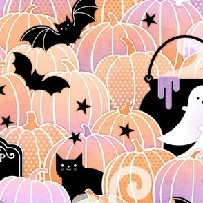 Halloween in the Pumpkin Patch- Small- Pastel Orange and Violet- Sugar Skull- Black Cat- Pumpkins- Ghosts- Bats