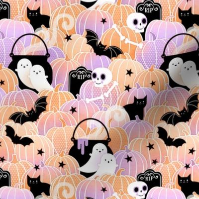 Halloween in the Pumpkin Patch- Mini- Pastel Orange and Violet- Sugar Skull- Black Cat- Pumpkins- Ghosts- Bats