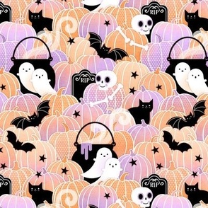 Halloween in the Pumpkin Patch- Mini- Pastel Orange and Violet- Sugar Skull- Black Cat- Pumpkins- Ghosts- Bats