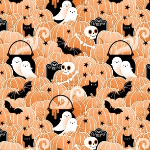 Halloween in the Pumpkin Patch- Small- Carrot Orange- Sugar Skull- Black Cat- Pumpkins- Ghosts- Bats