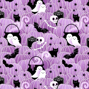 Halloween in the Pumpkin Patch- Small- Orchid Purple- Sugar Skull- Black Cat- Pumpkins- Ghosts- Bats
