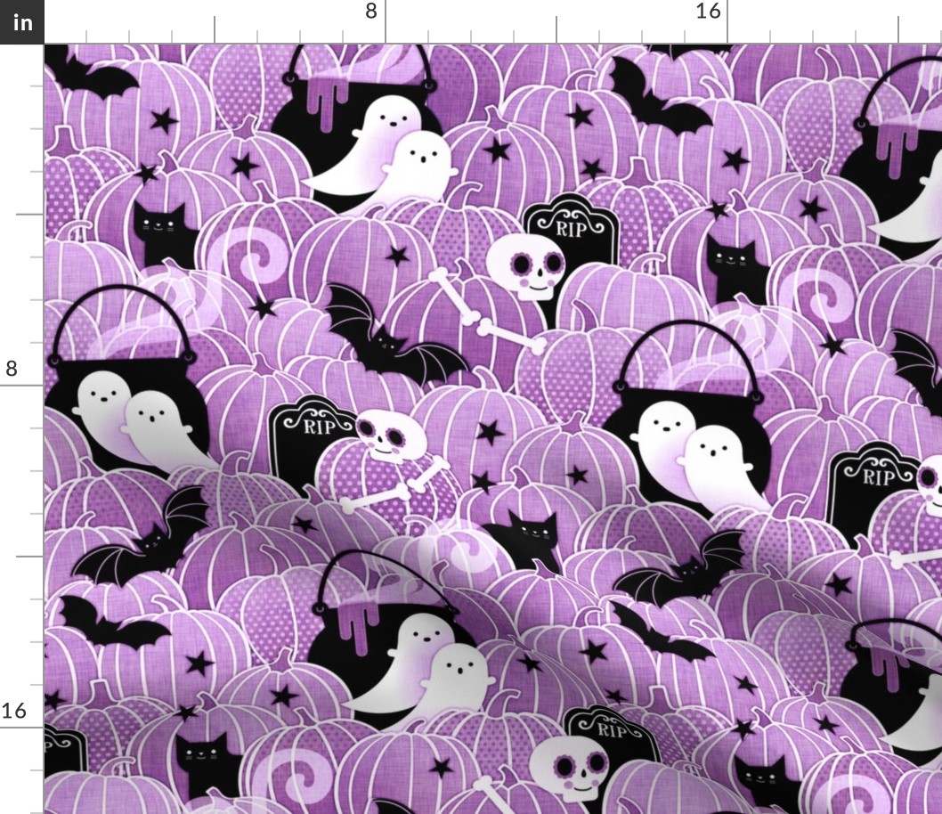 Halloween in the Pumpkin Patch- Small- Orchid Purple- Sugar Skull- Black Cat- Pumpkins- Ghosts- Bats