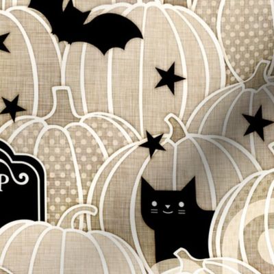 Halloween in the Pumpkin Patch- Medium- Khaki- Taupe- Beige- Sugar Skull- Black Cat- Pumpkins- Ghosts- Bats- Gender Neutral Baby Halloween