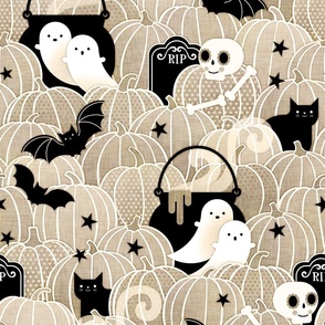 Halloween in the Pumpkin Patch- Medium- Khaki- Taupe- Beige- Sugar Skull- Black Cat- Pumpkins- Ghosts- Bats- Gender Neutral Baby Halloween