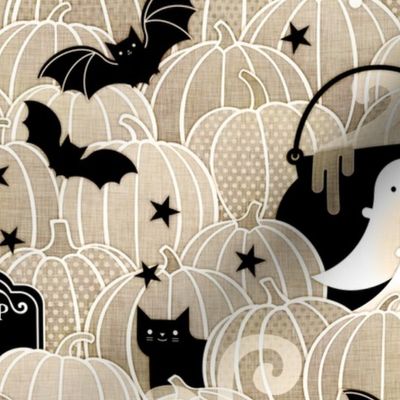 Halloween in the Pumpkin Patch- Small- Khaki- Taupe- Beige- Sugar Skull- Black Cat- Pumpkins- Ghosts- Bats- Gender Neutral Baby Halloween