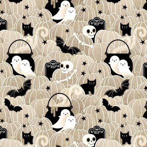 Halloween in the Pumpkin Patch- Small- Khaki- Taupe- Beige- Sugar Skull- Black Cat- Pumpkins- Ghosts- Bats- Gender Neutral Baby Halloween