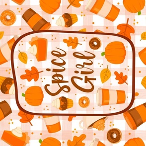 Large 27x18 Fat Quarter Panel Spice Girl Fall Pumpkin Goodies on Gingham for Wall Hanging or Tea Towel