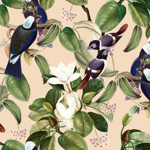 Vintage white magnolia flowers and blue tropical antique birds, Antique bird, Magnolia fabric,  beige 