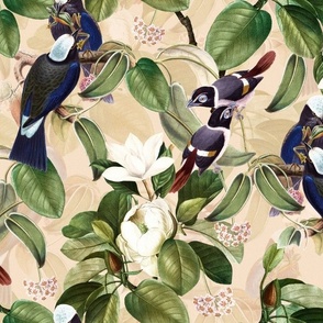 Vintage white magnolia flowers and blue tropical antique birds, Antique bird, Magnolia fabric,  beige double layer