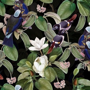 Vintage white magnolia flowers and blue tropical antique birds, Antique bird, Magnolia fabric,  black