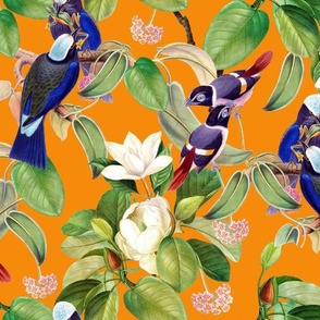 Vintage white magnolia flowers and blue tropical antique birds, Antique bird, Magnolia fabric,  sunny orange 