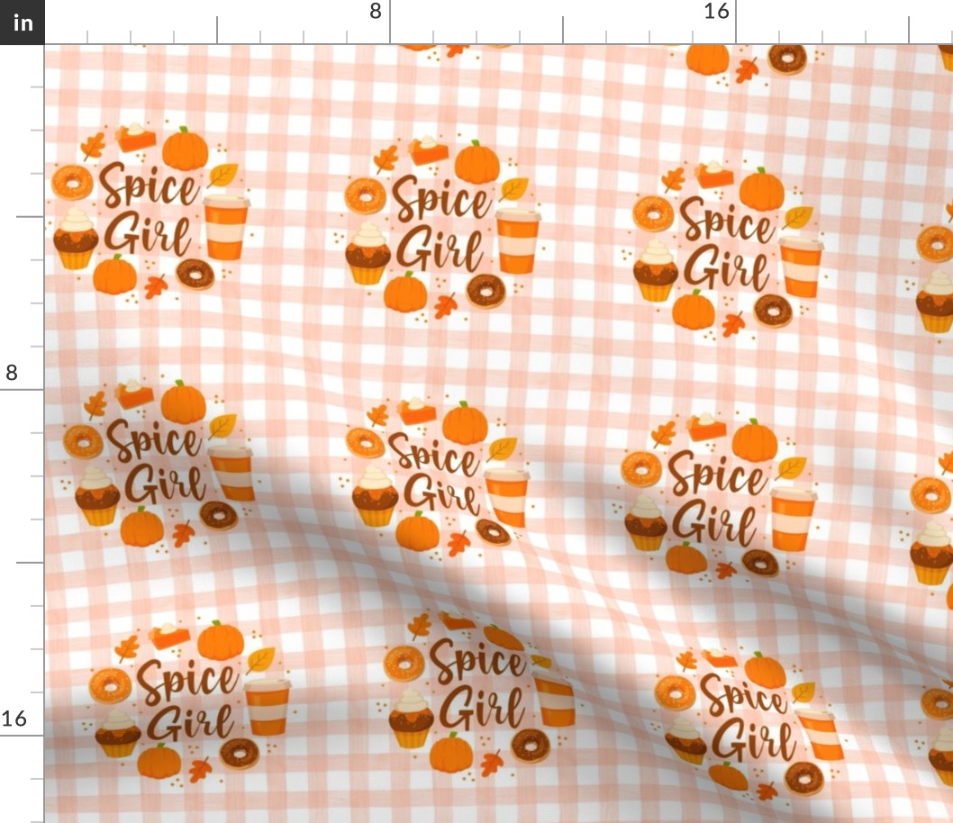 4" Circle Panel Spice Girl Fall Pumpkin Goodies on Gingham for Quilt Square Potholder or Embroidery Hoop
