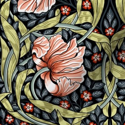 Pimpernel - MEDIUM - by William Morris - black antiqued dark moody floral restored reconstruction  art nouveau art deco background Vibrance Colors