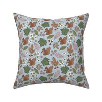 Woodland animals autumn garden red squirrels and leaves acorns and flowers fall kids design green pink blush rust brown on blue
