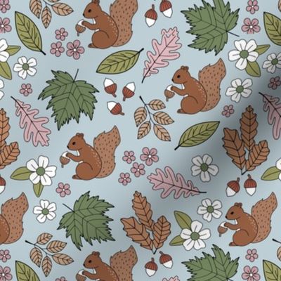 Woodland animals autumn garden red squirrels and leaves acorns and flowers fall kids design green pink blush rust brown on blue